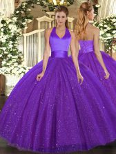 Classical Purple Ball Gowns Halter Top Sleeveless Tulle Floor Length Lace Up Sequins Quinceanera Dress