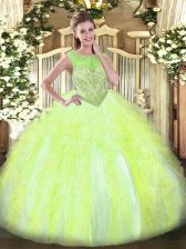 Scoop Sleeveless 15 Quinceanera Dress Floor Length Beading and Ruffles Yellow Green Organza