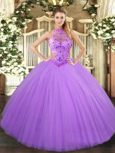  Lavender Ball Gowns Halter Top Sleeveless Tulle Floor Length Lace Up Beading and Embroidery Quinceanera Dress