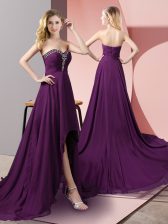  High Low Purple Homecoming Dress Chiffon Sleeveless Beading