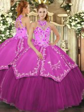 Fashion Fuchsia Halter Top Lace Up Beading and Embroidery Quinceanera Dresses Sleeveless