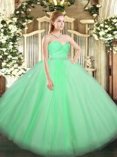  Apple Green Sleeveless Floor Length Beading and Lace Zipper Quince Ball Gowns