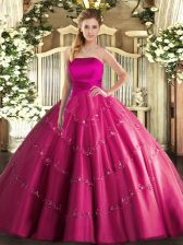  Ball Gowns 15th Birthday Dress Hot Pink Strapless Tulle Sleeveless Floor Length Lace Up