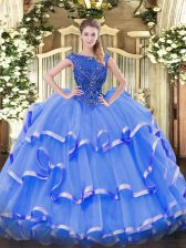  Blue Zipper Sweet 16 Dress Beading and Ruffled Layers Sleeveless Floor Length