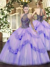 Affordable Lavender Tulle Lace Up Quince Ball Gowns Sleeveless Floor Length Beading and Appliques