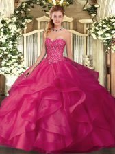 Suitable Hot Pink Ball Gowns Tulle Sweetheart Sleeveless Beading and Ruffles Floor Length Lace Up Sweet 16 Dresses