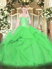  Floor Length Lace Up Vestidos de Quinceanera Green for Military Ball and Sweet 16 and Quinceanera with Beading and Ruffles