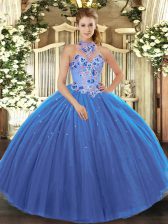 Free and Easy Blue Ball Gowns Halter Top Sleeveless Tulle Floor Length Lace Up Embroidery Quinceanera Gowns