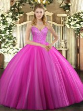 Luxurious Fuchsia Sleeveless Floor Length Beading Lace Up 15 Quinceanera Dress