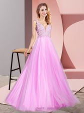  V-neck Sleeveless Tulle Prom Dresses Lace Zipper