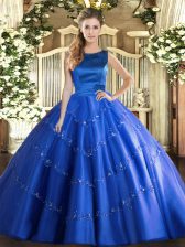  Tulle Scoop Sleeveless Lace Up Appliques Ball Gown Prom Dress in Blue