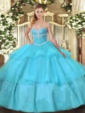  Aqua Blue Tulle Lace Up Sweetheart Sleeveless Floor Length Sweet 16 Quinceanera Dress Beading and Ruffled Layers