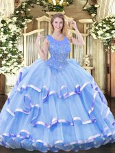 Sophisticated Organza Scoop Sleeveless Zipper Beading and Ruffled Layers Sweet 16 Quinceanera Dress in Baby Blue