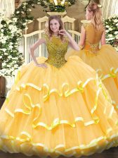 Elegant Gold Ball Gowns Organza Scoop Cap Sleeves Beading and Ruffled Layers Floor Length Zipper Quinceanera Gowns