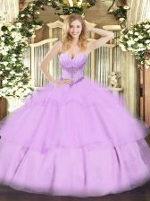 Pretty Sleeveless Floor Length Beading and Ruffled Layers Lace Up Ball Gown Prom Dress with Lavender