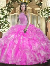 Delicate Rose Pink Sleeveless Beading and Ruffles Floor Length Sweet 16 Quinceanera Dress