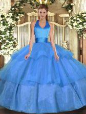 Sophisticated Baby Blue Tulle Lace Up Ball Gown Prom Dress Sleeveless Floor Length Ruffled Layers