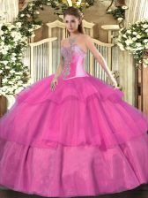  Hot Pink Ball Gowns Tulle Sweetheart Sleeveless Beading and Ruffled Layers Floor Length Lace Up 15th Birthday Dress