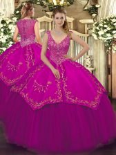  Ball Gowns Sweet 16 Dress Fuchsia V-neck Taffeta and Tulle Sleeveless Floor Length Zipper