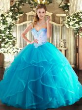  Aqua Blue Sleeveless Tulle Lace Up Quinceanera Gowns for Military Ball and Sweet 16 and Quinceanera