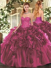 Luxury Ball Gowns Quince Ball Gowns Burgundy Sweetheart Organza Sleeveless Floor Length Lace Up