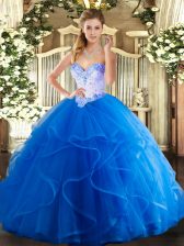 Beautiful Blue Ball Gowns Tulle Sweetheart Sleeveless Beading and Ruffles Floor Length Lace Up Quinceanera Dress