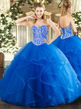 Fantastic Sleeveless Floor Length Beading and Ruffles Lace Up Quinceanera Dress with Blue