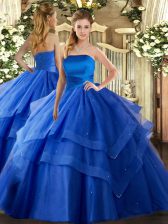 Fitting Royal Blue Ball Gowns Strapless Sleeveless Tulle Floor Length Lace Up Ruffled Layers 15 Quinceanera Dress