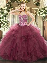  Burgundy Sleeveless Tulle Lace Up Quince Ball Gowns for Military Ball and Sweet 16 and Quinceanera