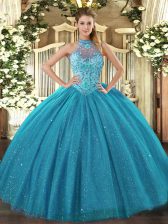 Stunning Teal Sleeveless Tulle Lace Up Sweet 16 Dresses for Sweet 16 and Quinceanera