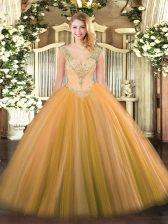 Super V-neck Sleeveless Lace Up Quinceanera Dress Gold Tulle
