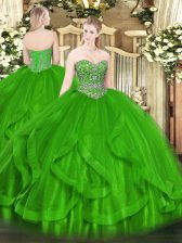  Green Tulle Lace Up Quince Ball Gowns Sleeveless Floor Length Beading and Ruffles