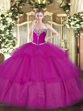 Fashion Fuchsia Ball Gowns Beading and Ruffled Layers 15th Birthday Dress Lace Up Tulle Sleeveless Floor Length