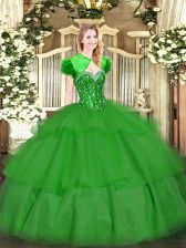  Green Tulle Lace Up Sweetheart Sleeveless Floor Length Sweet 16 Dresses Beading and Ruffled Layers