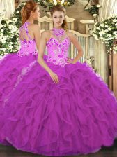  Fuchsia Organza Lace Up Halter Top Sleeveless Floor Length Quinceanera Dresses Beading and Embroidery and Ruffles