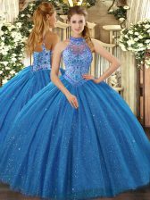  Floor Length Blue Quinceanera Gowns Tulle Sleeveless Beading and Embroidery