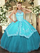 Most Popular Aqua Blue Ball Gowns Beading and Embroidery Quinceanera Dress Lace Up Satin and Tulle Sleeveless Floor Length
