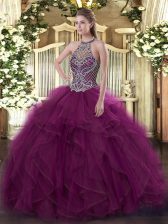 Discount Fuchsia Ball Gown Prom Dress Sweet 16 and Quinceanera with Beading Halter Top Sleeveless Lace Up