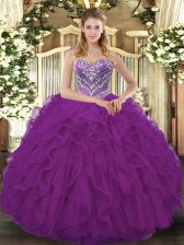  Fuchsia Ball Gowns Sweetheart Sleeveless Tulle Floor Length Lace Up Beading and Ruffled Layers Quinceanera Gowns
