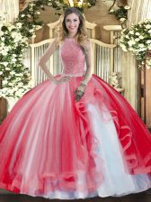 Custom Made Red High-neck Neckline Beading and Ruffles Quince Ball Gowns Sleeveless Lace Up