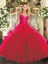 Dramatic Long Sleeves Lace Up Floor Length Lace and Ruffles Ball Gown Prom Dress