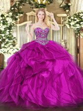  Fuchsia Organza Lace Up Quinceanera Gowns Sleeveless Floor Length Beading and Ruffles