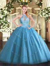  Floor Length Lace Up Quinceanera Dress Baby Blue for Military Ball and Sweet 16 and Quinceanera with Beading