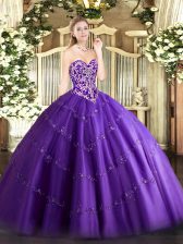 Trendy Beading and Appliques 15th Birthday Dress Purple Zipper Sleeveless Floor Length