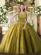  Olive Green Zipper Scoop Appliques Quinceanera Gowns Tulle Sleeveless