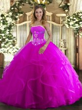  Fuchsia Ball Gowns Strapless Sleeveless Tulle Floor Length Lace Up Beading and Ruffles Sweet 16 Dresses