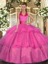 Romantic Floor Length Fuchsia Quince Ball Gowns Tulle Sleeveless Ruffled Layers