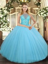  Aqua Blue Lace Up 15th Birthday Dress Beading Sleeveless Floor Length