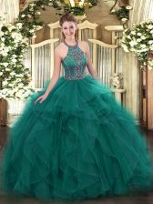  Sleeveless Tulle Floor Length Lace Up Sweet 16 Quinceanera Dress in Teal with Beading and Ruffles