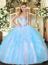 High End Sleeveless Tulle Floor Length Lace Up 15th Birthday Dress in Aqua Blue with Beading and Ruffles